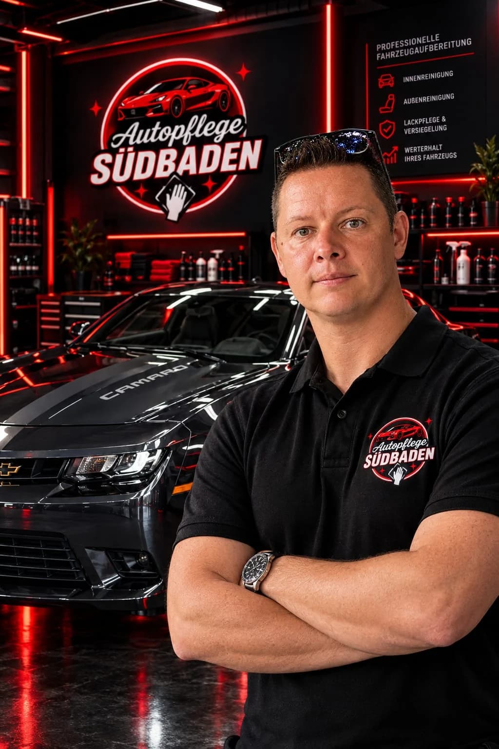 Der Inhaber von Autopflege Südbaden mit verschränkten Armen vor einem glänzend aufbereiteten Chevrolet Camaro in der Werkstatt